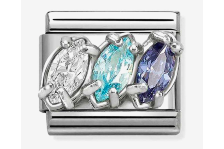 Silver with 3D Triple Drop Blue Trilogy Crystal Stones Link