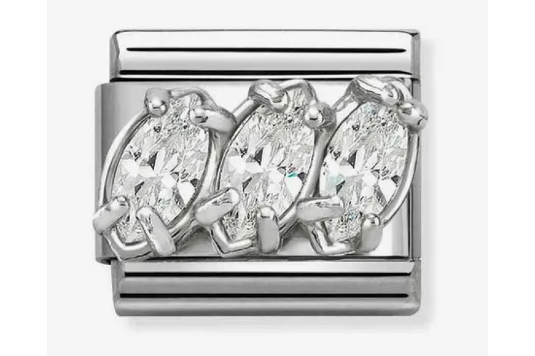 Silver with 3D Triple Drop White Crystal Stones Link