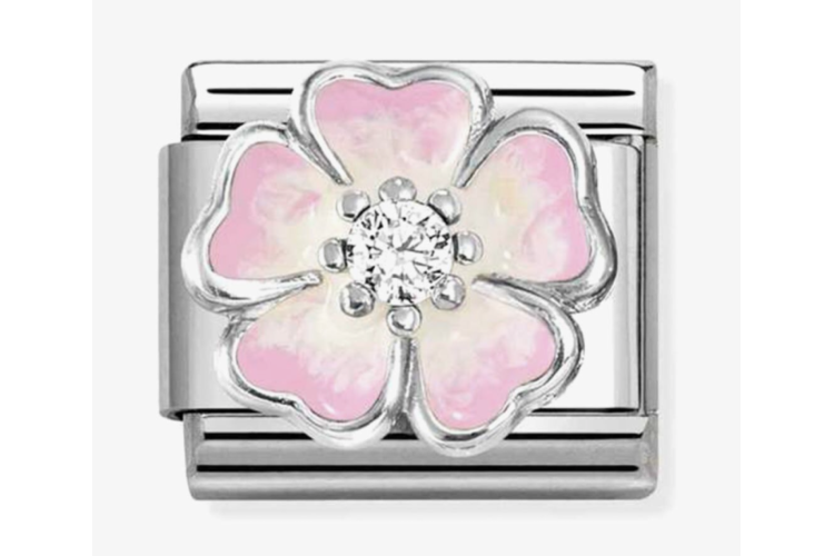 Silver with Pink and White Raised Flower with Stone Link