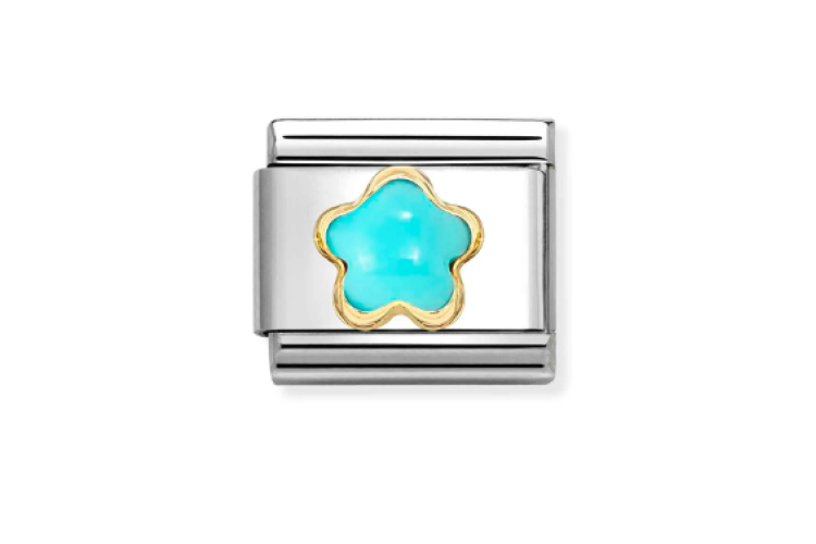 teal flower shaped stone with gold outline