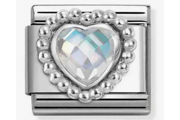 Silver Crystal Heart Stone with Silver Beaded Border Link