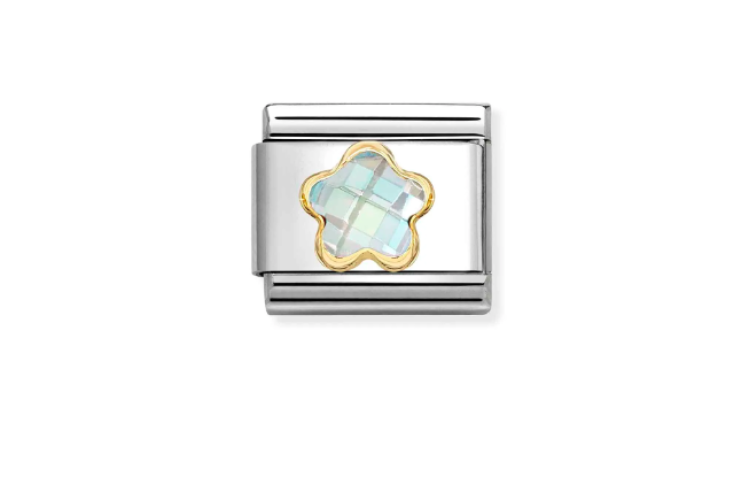 white flower shaped stone with gold outline