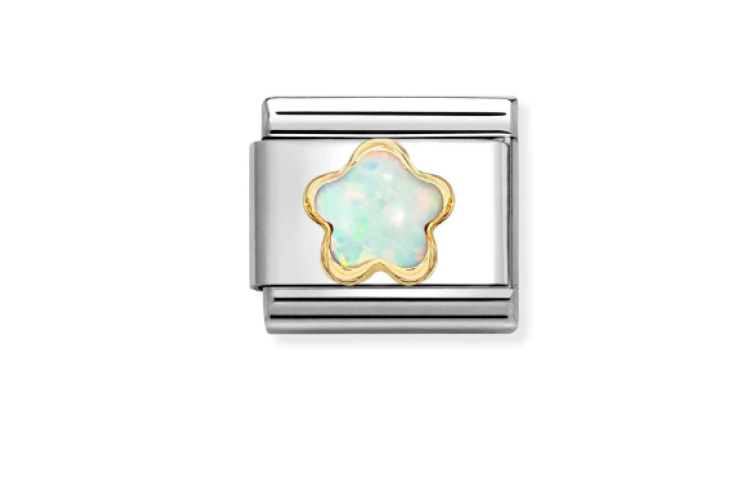 white opal flower shaped stone with gold outline