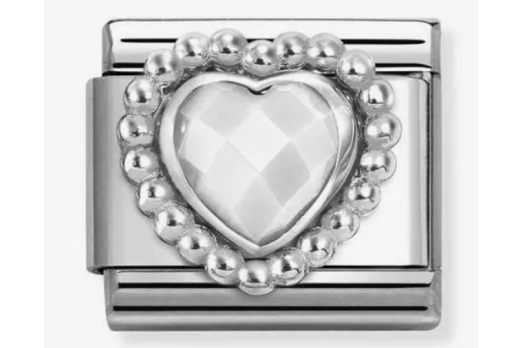 White Opal Heart Stone with Silver Beaded Border Link