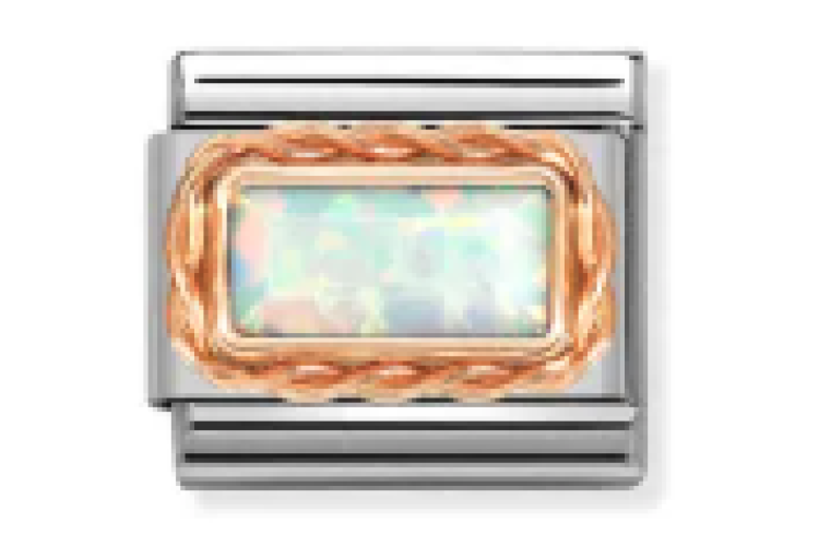 White Opal Rectangular Stone with Rose Gold Rope Border Link