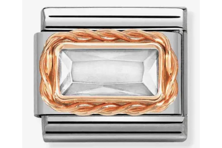 White Rectangular Stone with Rose Gold Rope Border Link
