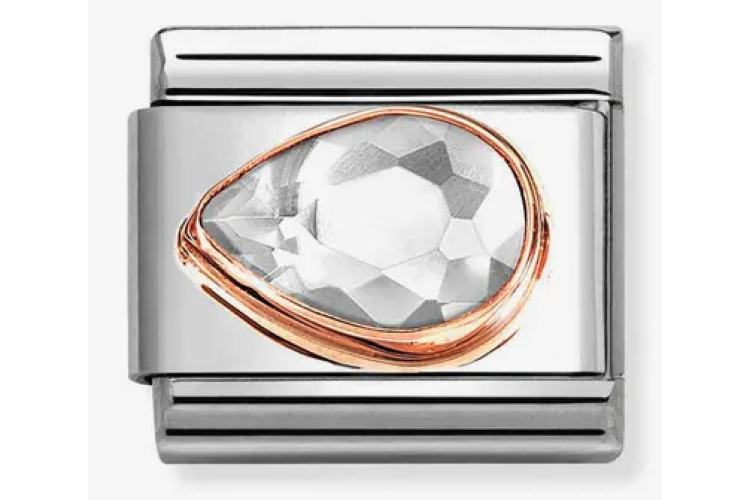 White Teardrop Stone with Plain Rose Gold Border Link - Left Drop
